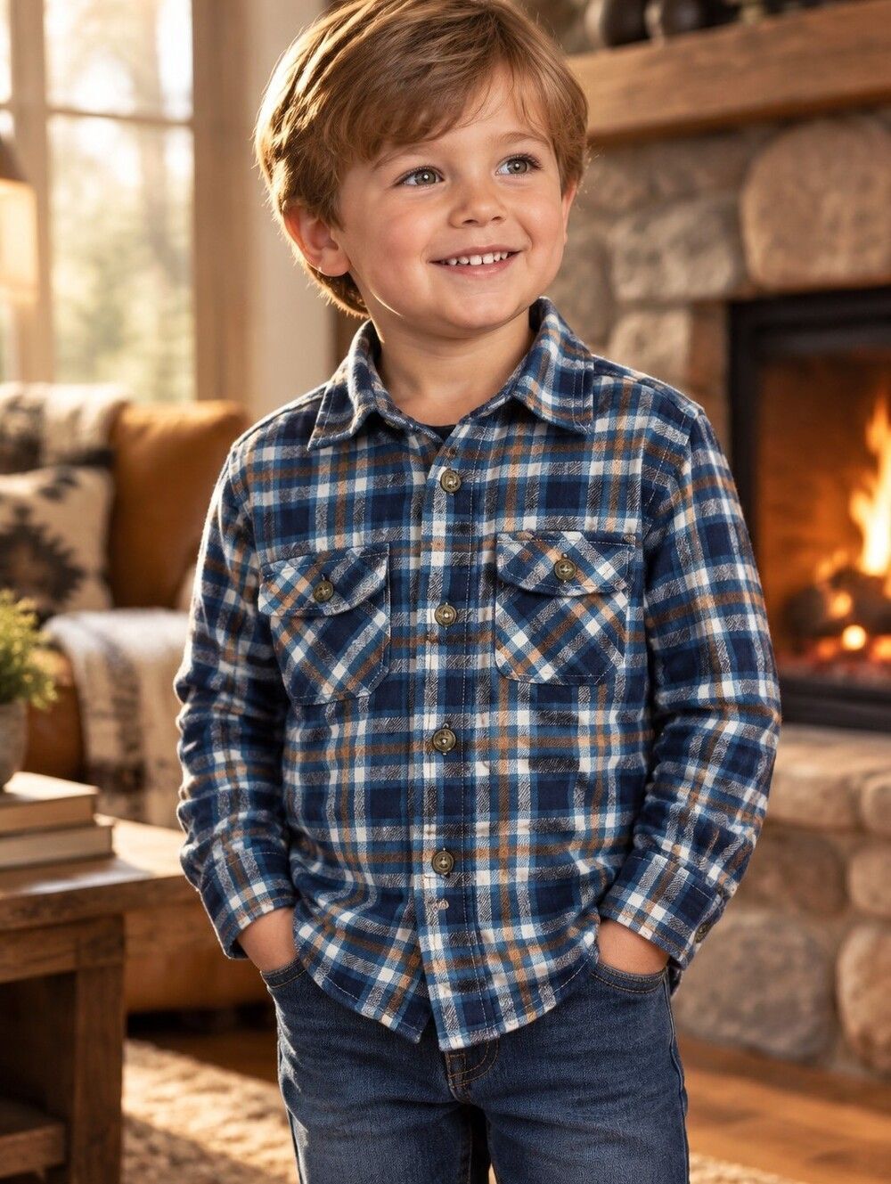 Toddler Boy Blue Plaid Flannel Shirt Long Sleeve Button Down Western Winter Warm